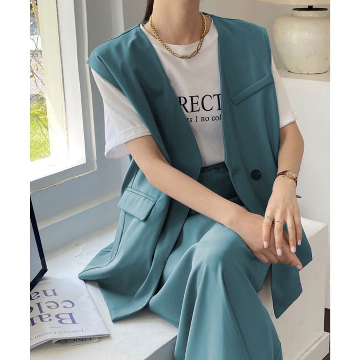 ノーカラーベスト＋ロングスカート セットアップ[品番