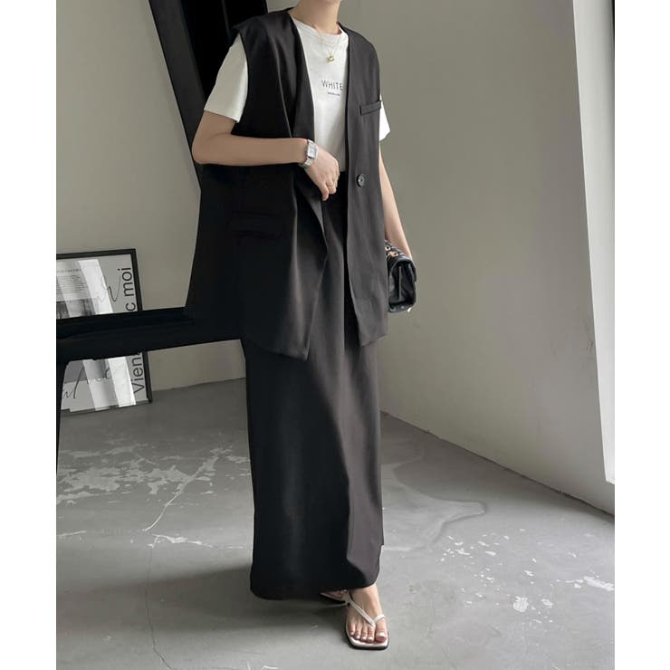 ノーカラーベスト＋ロングスカート セットアップ[品番