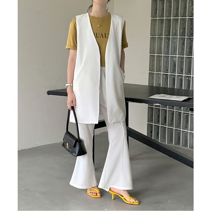 ノーカラーロングベスト＋フレアスリットパンツセットアップ[品番