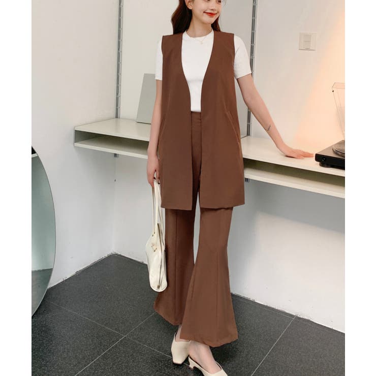 ノーカラーロングベスト＋フレアスリットパンツセットアップ[品番