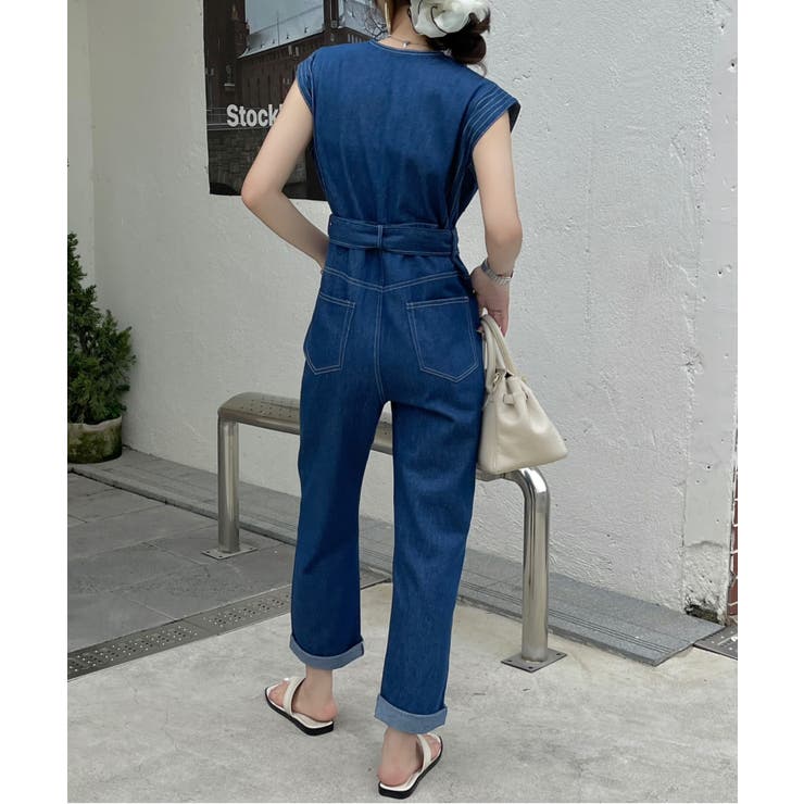 フレンチスリーブVネックデニムオールインワン/サロペット[品番  