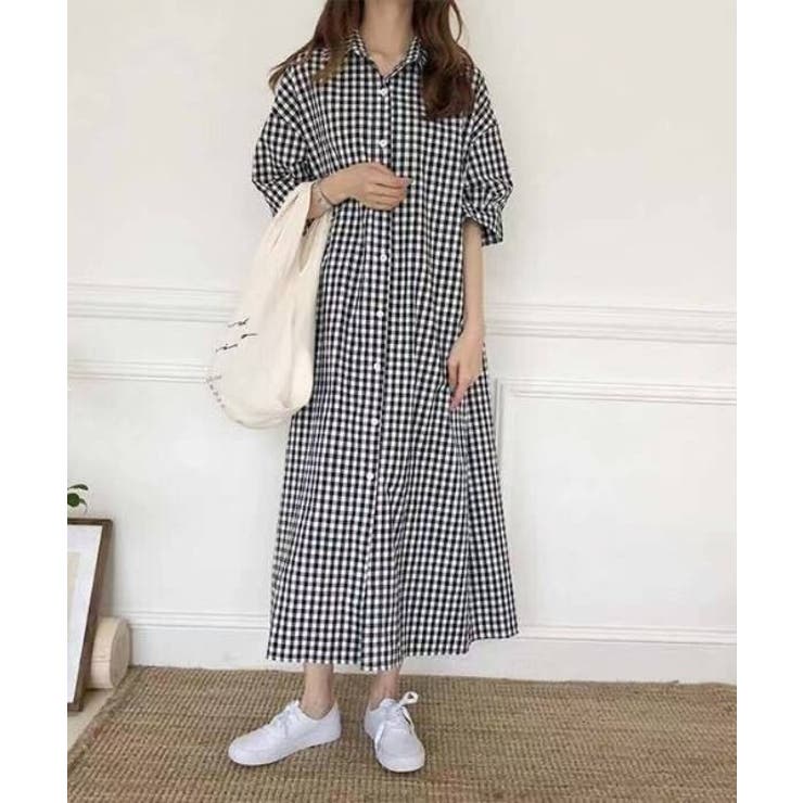綿麻ギンガムチェック五分袖マキシロングシャツワンピース 品番 Abiw Abitokyo アビトーキョー のレディースファッション通販 Shoplist ショップリスト