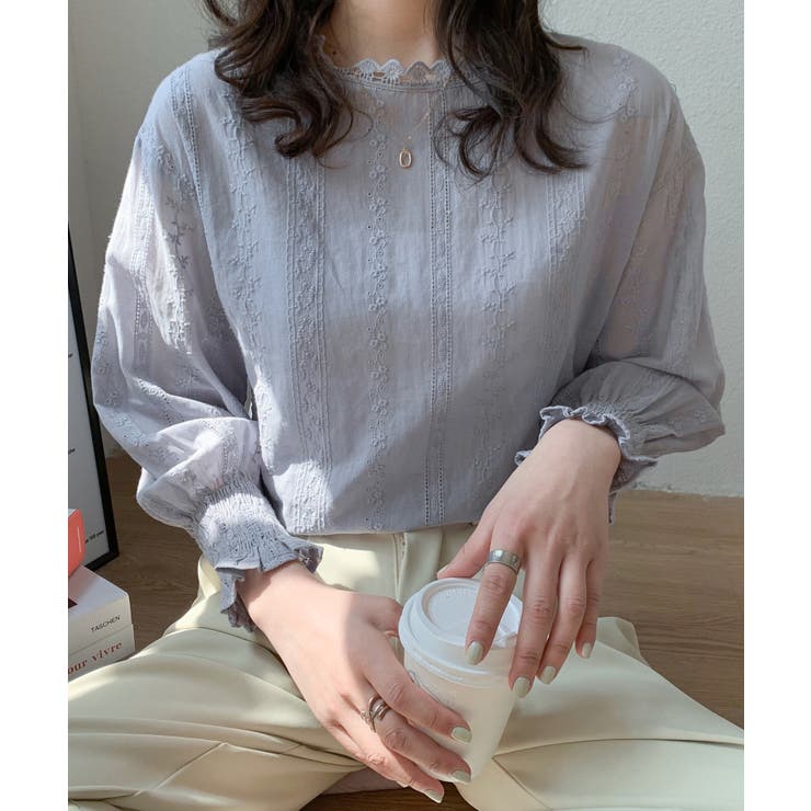 美品■アナイ 洗える コットンボリュームスリーブ　ブラウス ブラウン白 美品□アナイ 洗える コットンボリュームスリーブ ブラウス