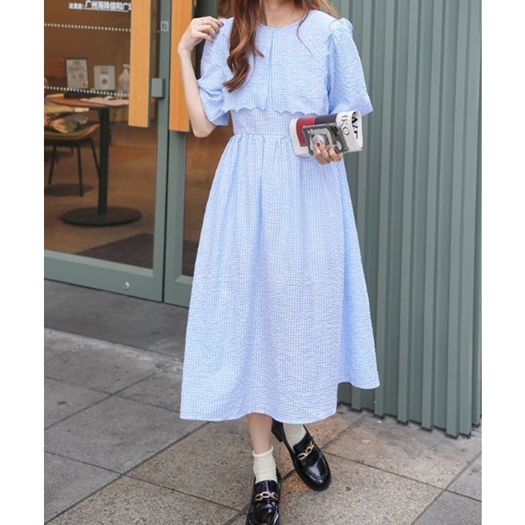ビックスカラップフリルギンガムチェックロングワンピース[品番 ビックスカラップフリルギンガムチェックロングワンピース[品番