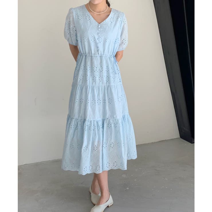 Re.Verofonna　日本製　大きめな38→L位　刺繍袖春夏ロングワンピース 刺繍バンドカラーロングワンピース[品番：ABIW0001115