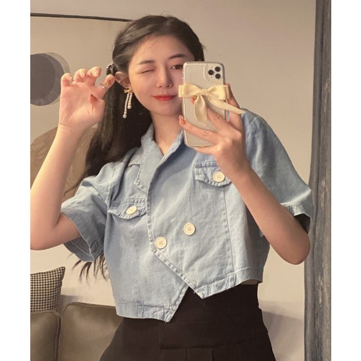 デニムジャケット ショート丈 ボタン付き ショート丈ダブルボタンデニムジャケット[品番：ABIW0000990