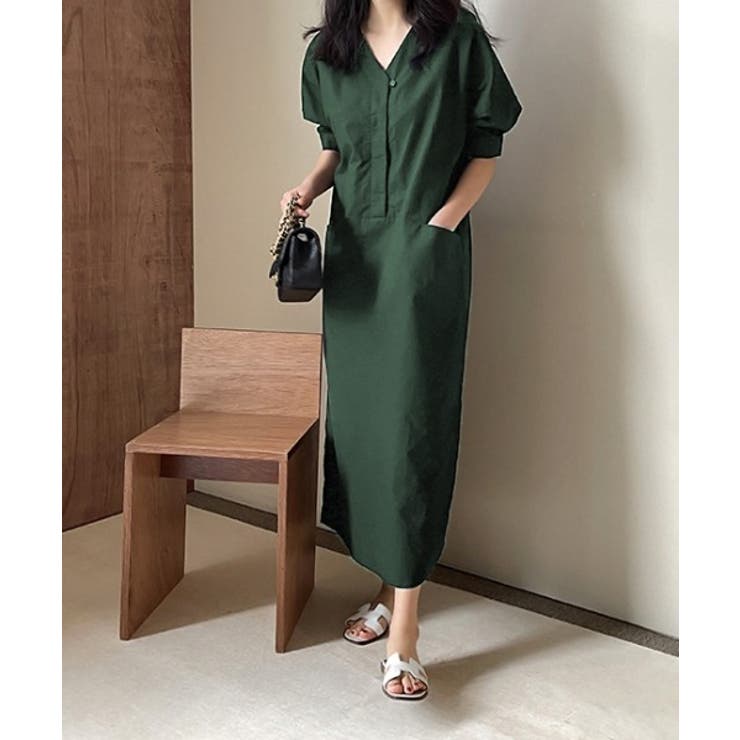 麻ライクパフスリーブVネックロングワンピース[品番
