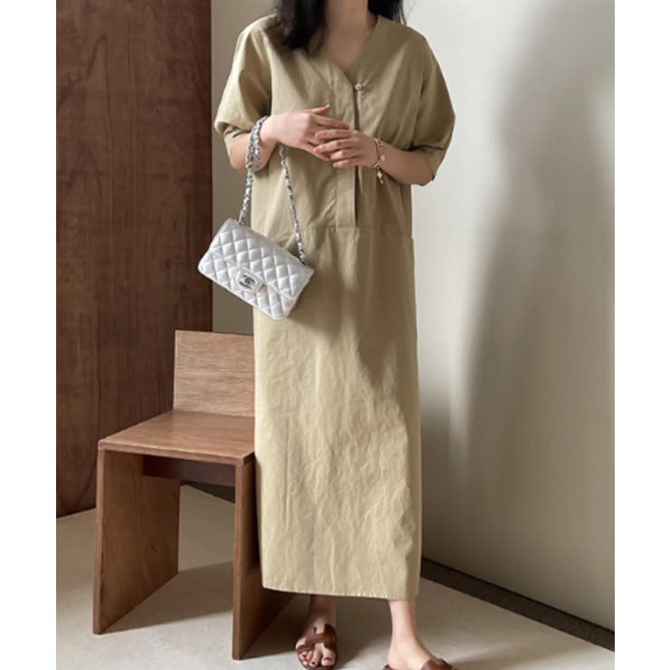麻ライクパフスリーブVネックロングワンピース[品番