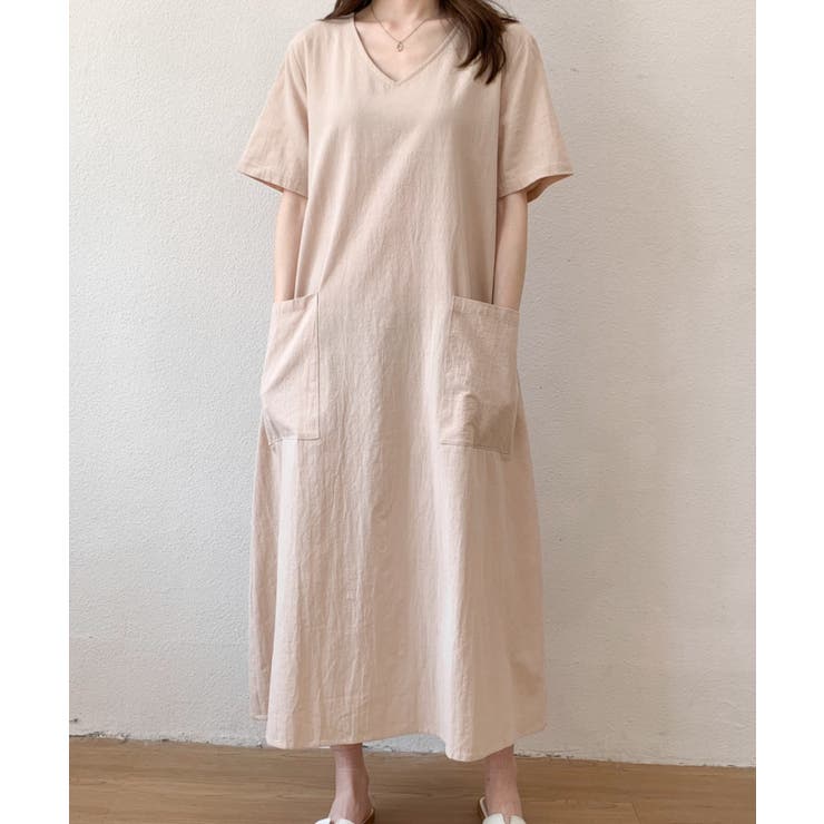 リネンライクVネックロングワンピース[品番：ABIW0001027]｜ABITOKYO  