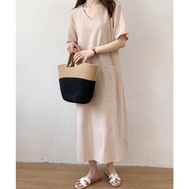 リネンライクVネックロングワンピース[品番：ABIW0001027]｜ABITOKYO  