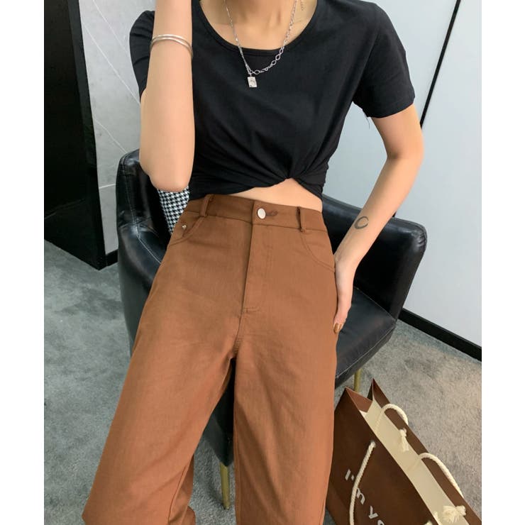 ハイウエストストレッチデニムセミワイドパンツ[品番