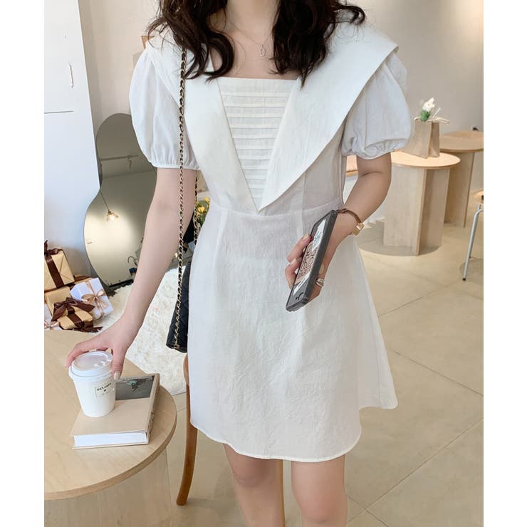 パフスリーブショルダーフリルタックミニワンピース[品番