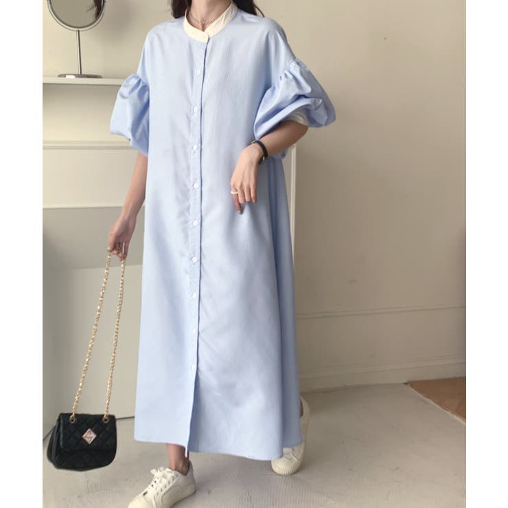 七分袖バンドカラーストライプシャツワンピース[品番