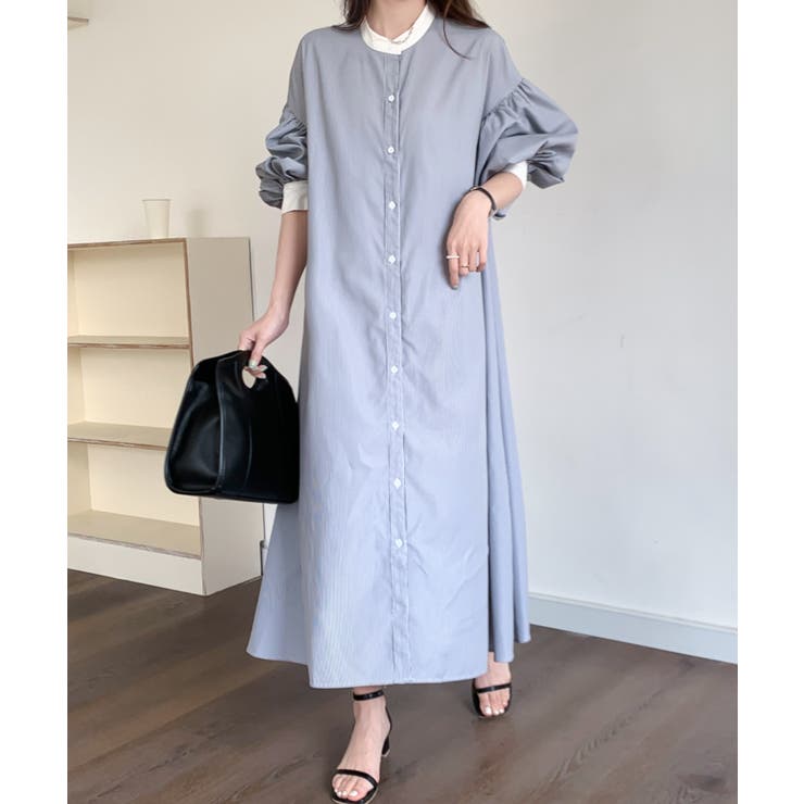 美品⁂センソユニコ⁂ロングシャツワンピース　バンドカラー　切り替　ストライプ　M 美品⁂センソユニコ⁂ロングシャツワンピース バンドカラー 切り替