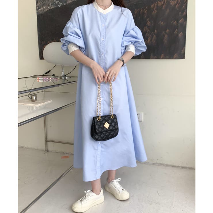 七分袖バンドカラーストライプシャツワンピース[品番：ABIW0009351