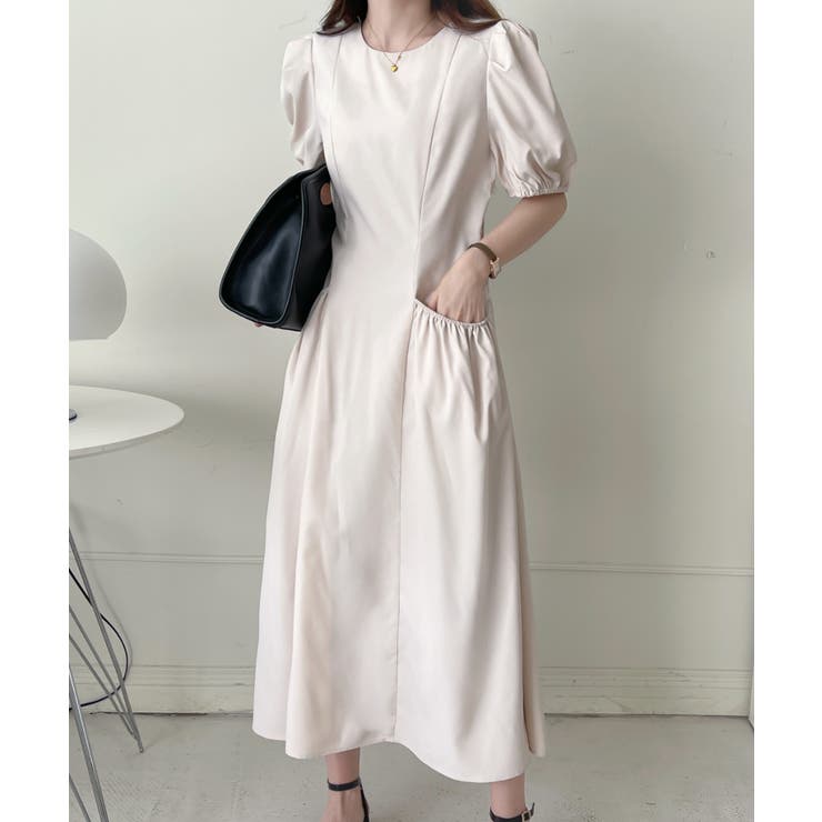 2Collar パフスリーブ 半袖 ワンピース スリット ロング パフスリーブクルーネックロングワンピース[品番：ABIW0009352