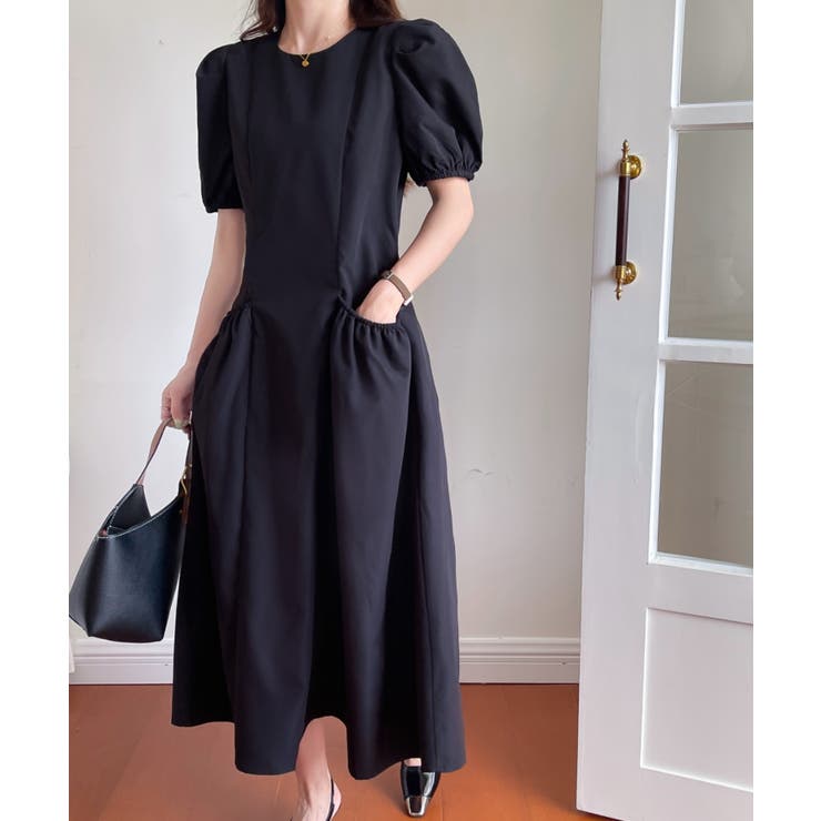 ella selectshop ロングワンピース パフスリーブ ティアード 黒 ZARA ティアード ワンピース ロング ギャザー 長袖 パフスリーブ