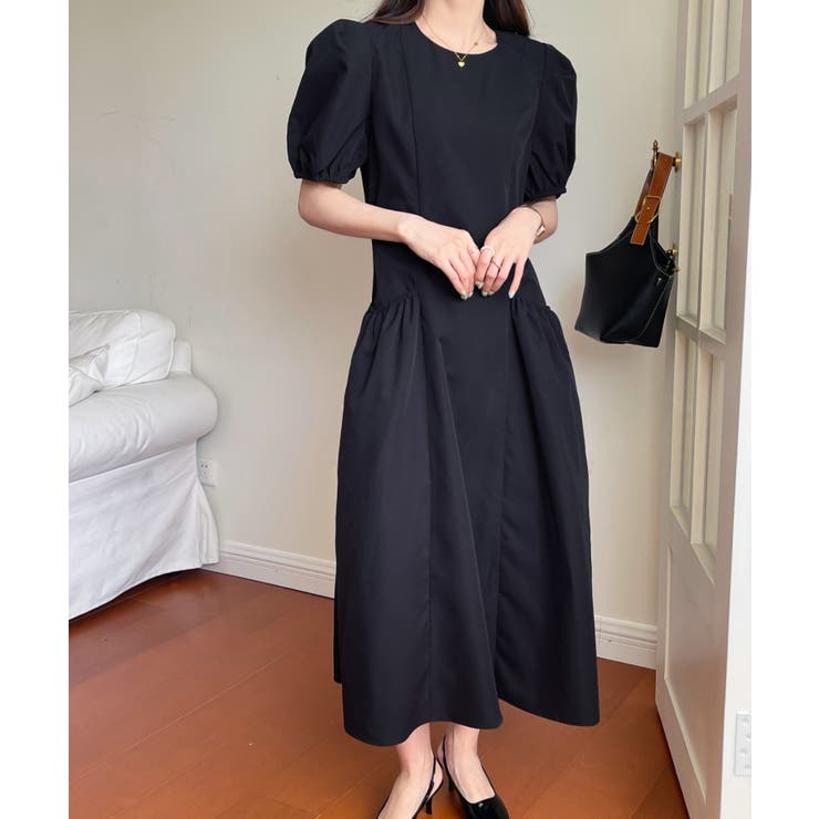 2Collar パフスリーブ 半袖 ワンピース スリット ロング パフスリーブクルーネックロングワンピース[品番:ABIW0009352