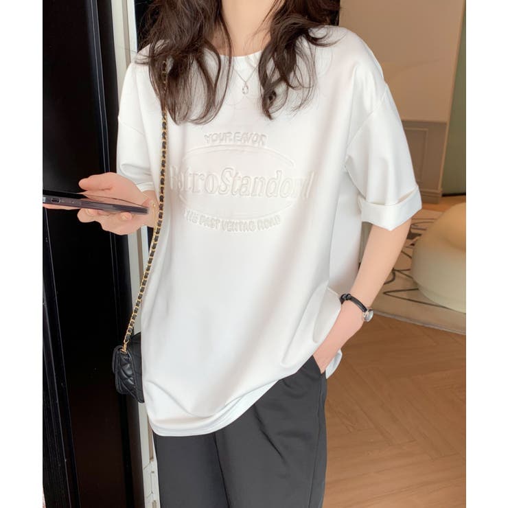 ルーズシルエットエンボス加工クルーネックTシャツ[品番：ABIW0009582 