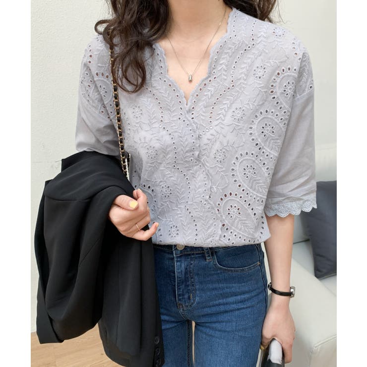 カシュクールカットワーク刺繍ブラウス[品番:ABIW0009583 カシュクールカットワーク刺繍ブラウス[品番:ABIW0009583