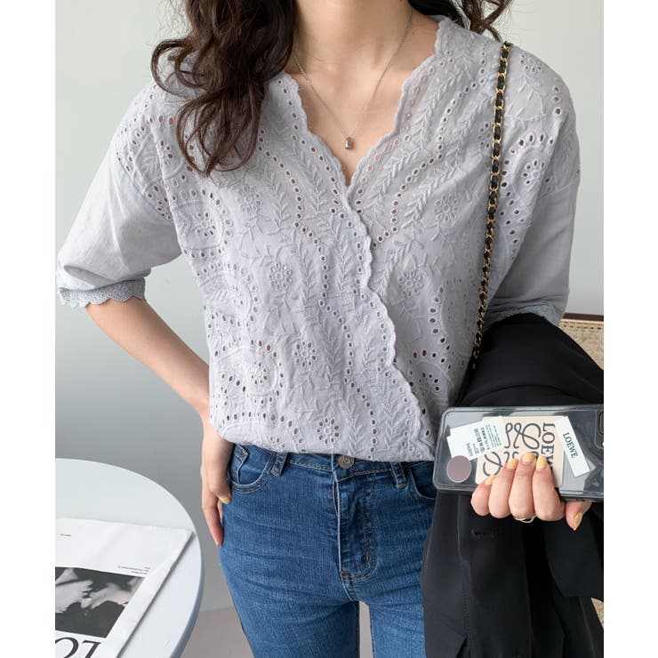 カシュクールカットワーク刺繍ブラウス[品番：ABIW0009583
