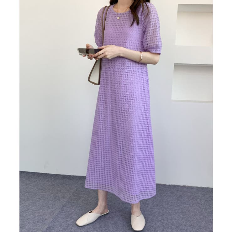 アメリ　薄紫色 レース パフスリーブ ロングワンピース ガール GIRL パフスリーブ総レースフレアロング丈結婚式