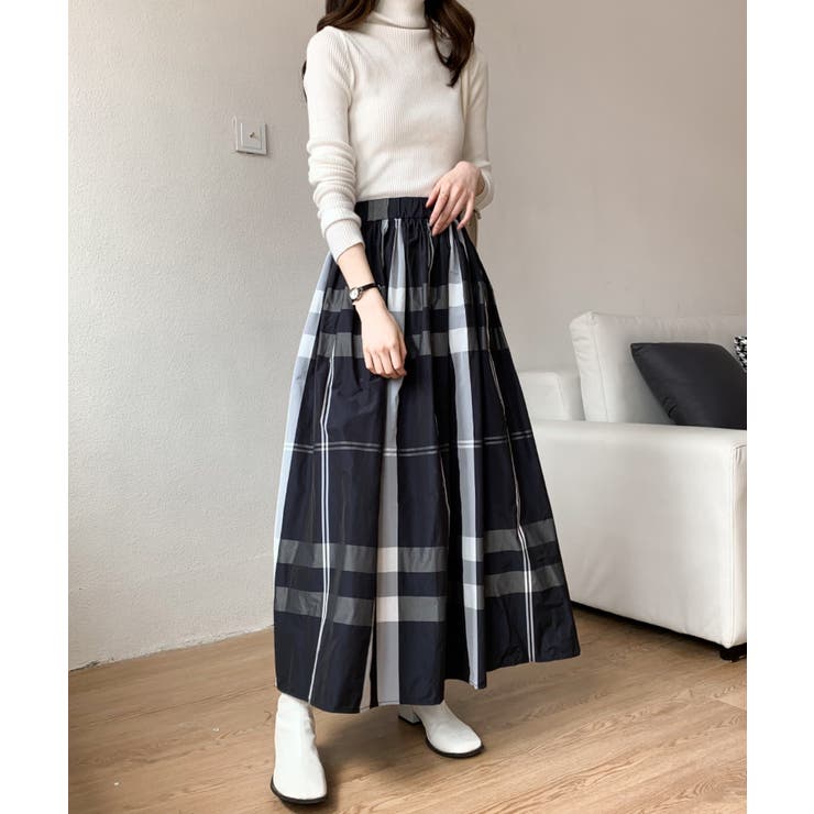 ☆日本未入荷*Massimo Dutti*新作*ロングチェックフレアワンピ☆ 大柄チェックボリュームフレアロングスカート[品番：ABIW0009740