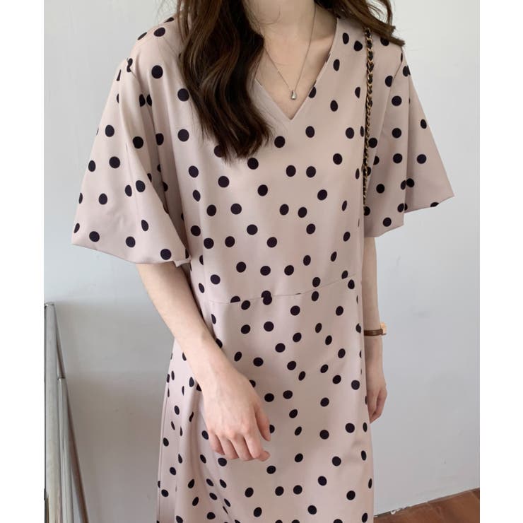 バックスリットボリュウーム袖ドット柄ワンピース[品番：ABIW0010410