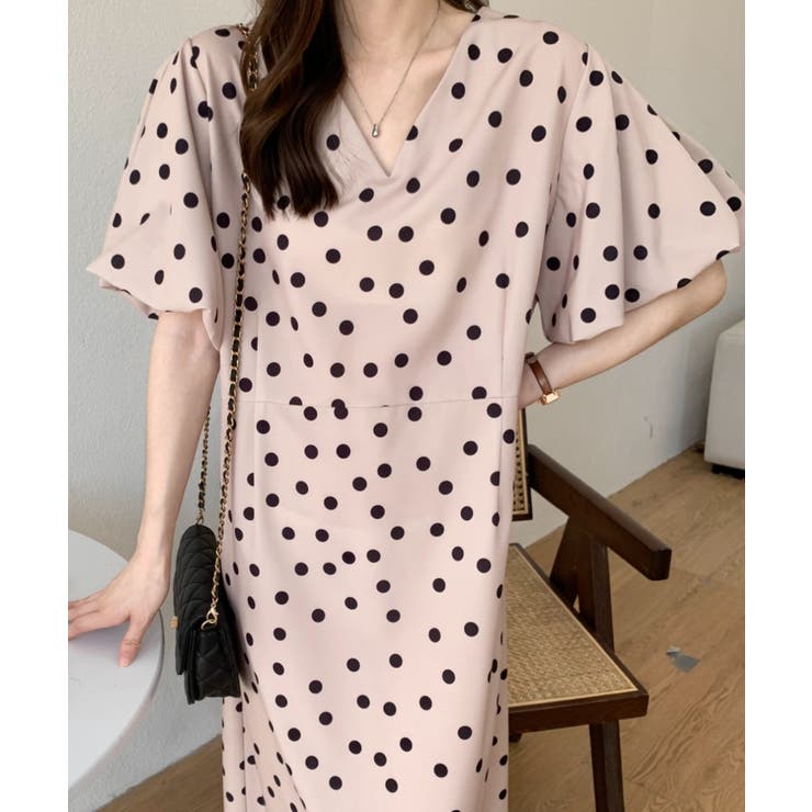 バックスリットボリュウーム袖ドット柄ワンピース[品番：ABIW0010410