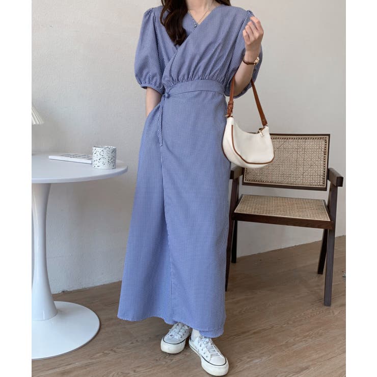 ストロベリーフィールズ ワンピース ギンガムチェック カシュクール水色 日本製 ストロベリーフィールズ ワンピース ギンガムチェック