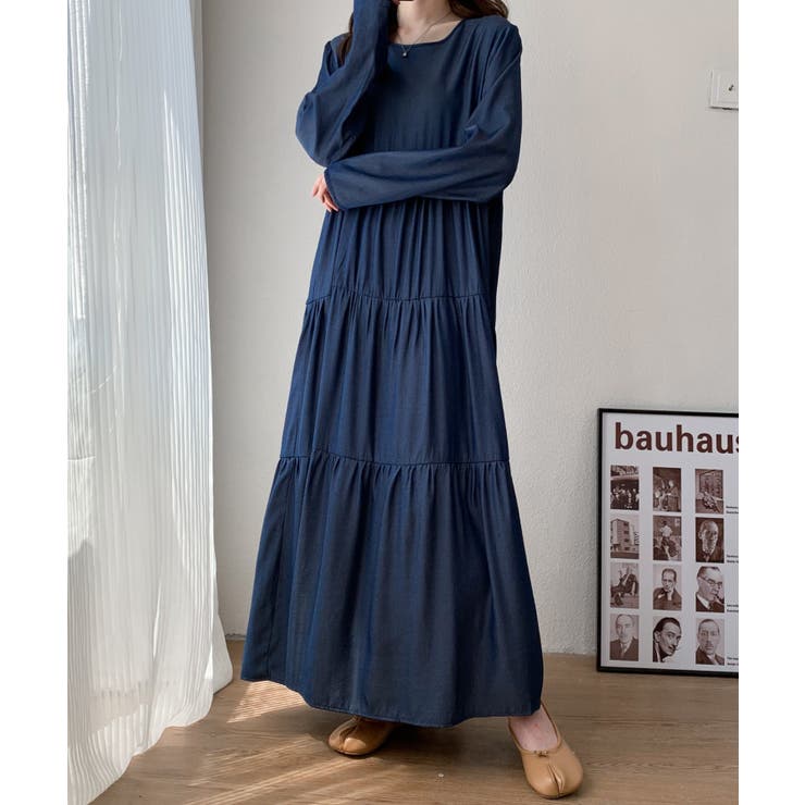 FOXEY ビジュー付きダークブルーロングワンピース デニム 風 FOXEY  