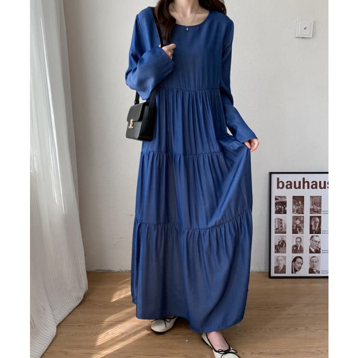 新品☆ルネ rene デニムティアードロングワンピース ブルーデニム38
