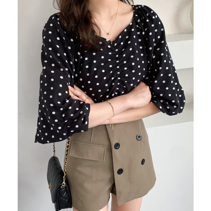 2022AW ゆったりルーズオーバー&パフスリーブドット柄ギャザーブラウス