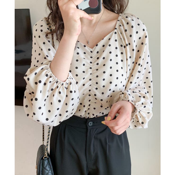2022AW ゆったりルーズオーバー&パフスリーブドット柄ギャザーブラウス