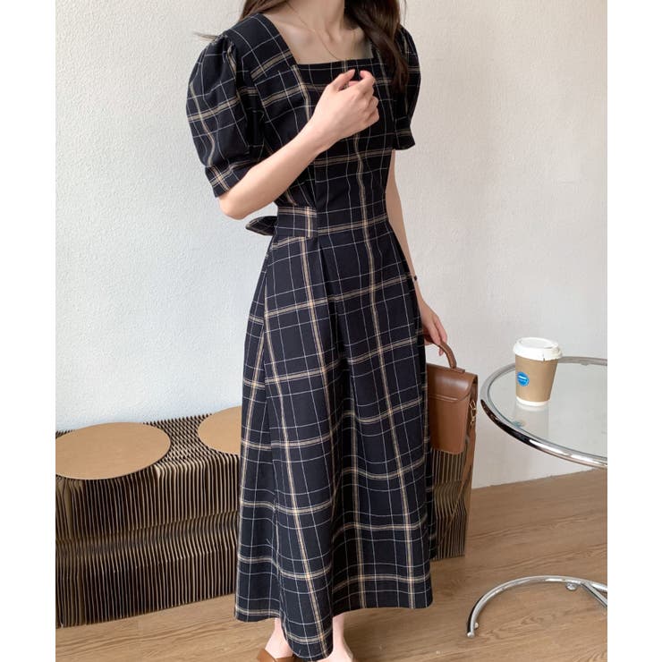 Since Then上品 ノースリーブ ワンピース バックリボン チェック UNITED ARROWS ワンピース オープン バックリボン チェック