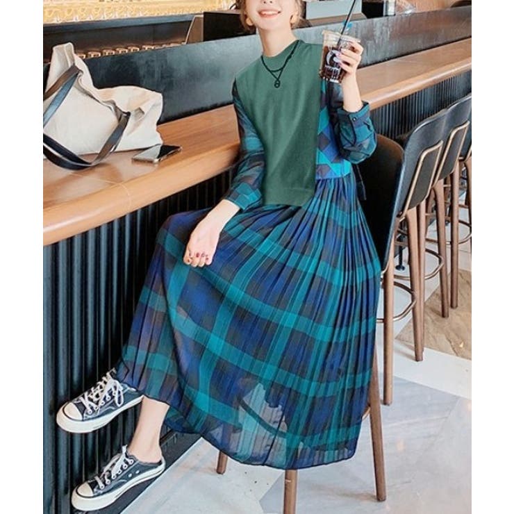 レイヤード風スウェットベストドッキングチェックワンピース[品番