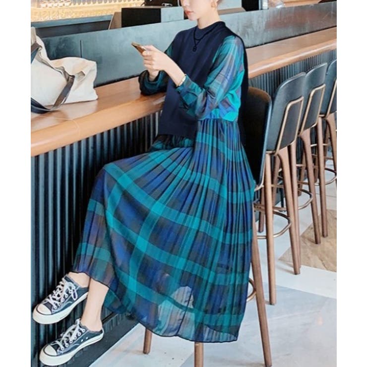 レイヤード風スウェットベストドッキングチェックワンピース[品番