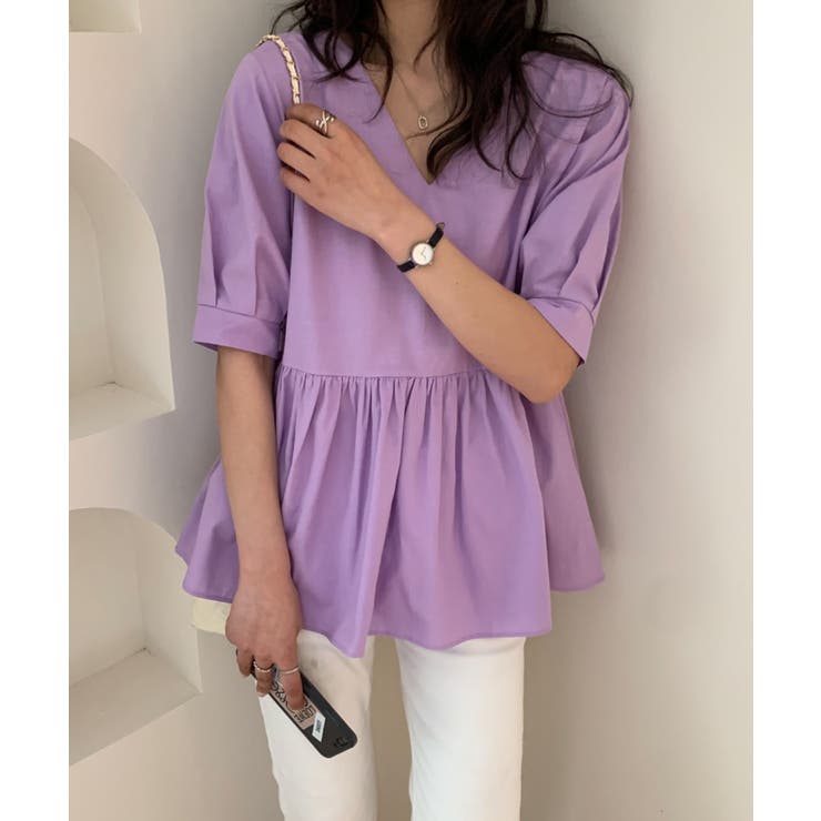 【ayabun】ソージュペプラムチュニック五分袖パープル色Sサイズ ウールライクペプラムチュニックブラウス-SOÉJU online store