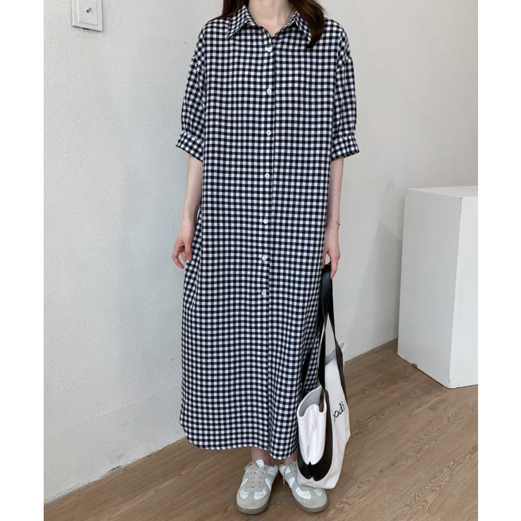 マキシ丈ギンガムチェック五分袖シャツワンピース[品番：ABIW0009431