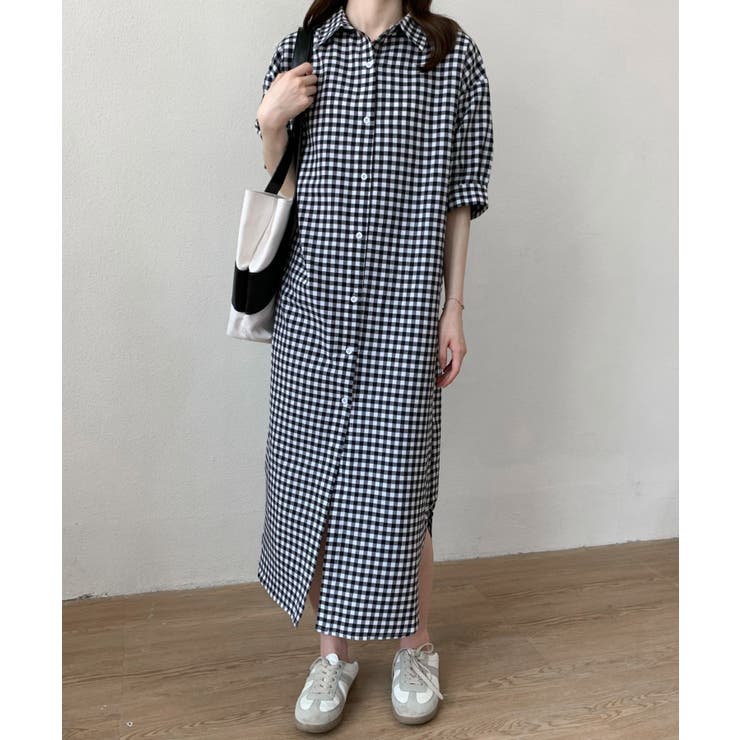 マキシ丈ギンガムチェック五分袖シャツワンピース[品番：ABIW0009431