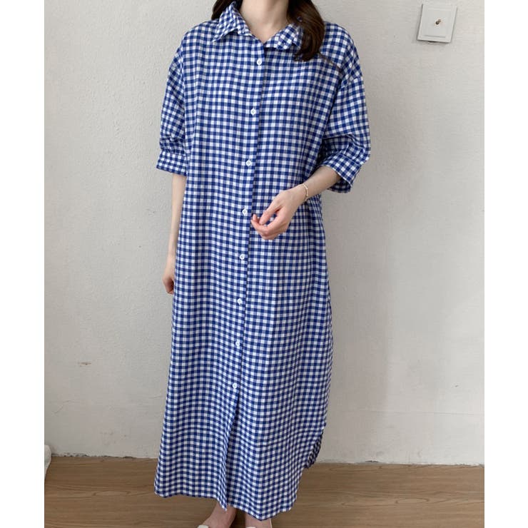 Galdem ネイビー チェック シャツワンピース 半袖 マキシ丈ギンガムチェック五分袖シャツワンピース[品番