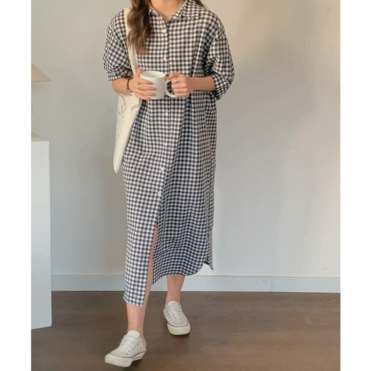 マキシ丈ギンガムチェック五分袖シャツワンピース[品番：ABIW0009431