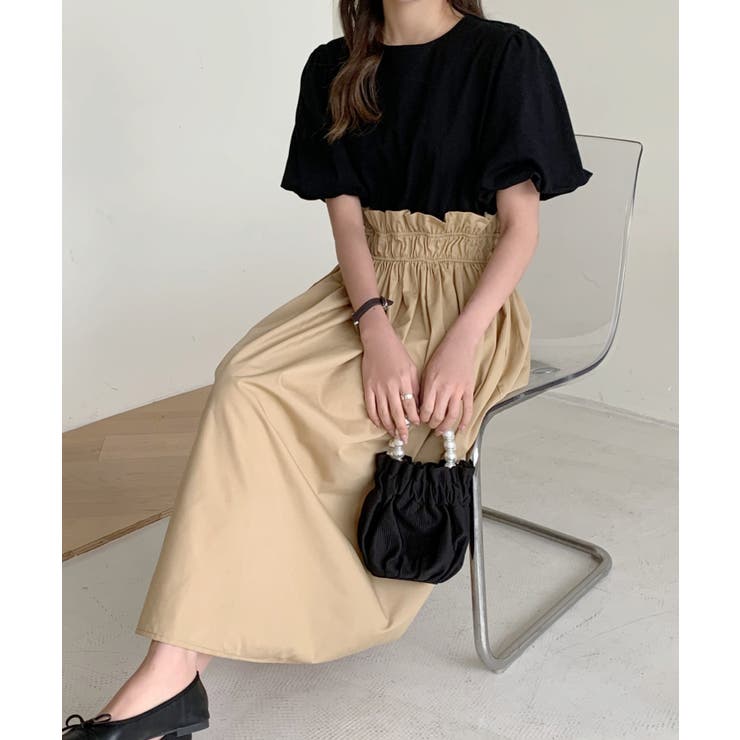 バイカラー異素材切替フレアロングワンピース[品番：ABIW0009442