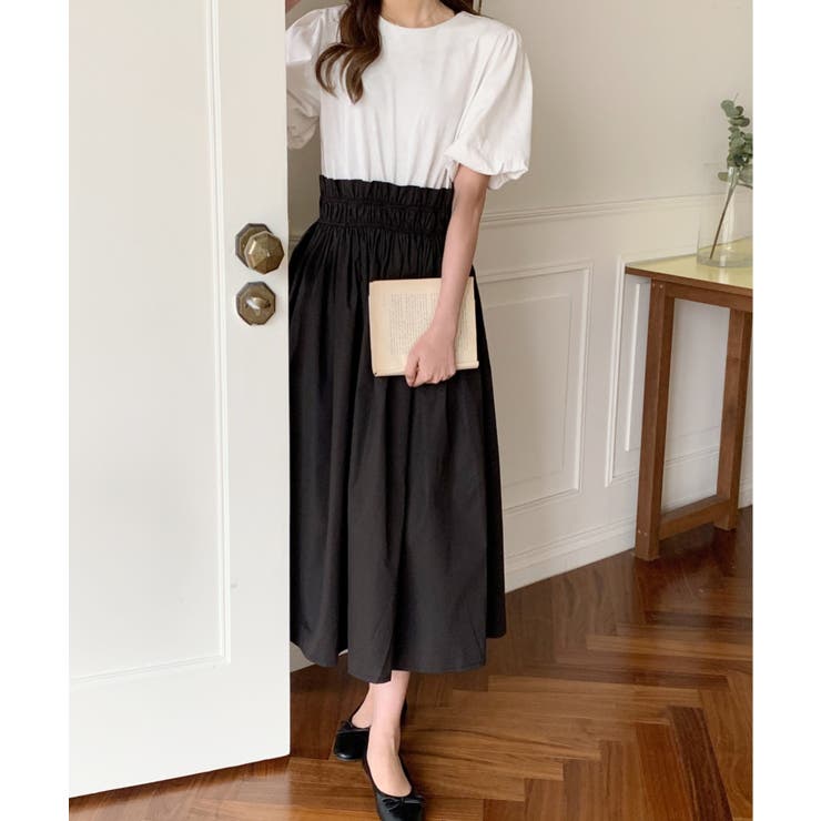 バイカラー異素材切替フレアロングワンピース[品番：ABIW0009442