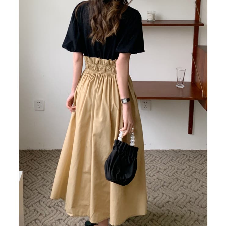 バイカラー異素材切替フレアロングワンピース[品番：ABIW0009442