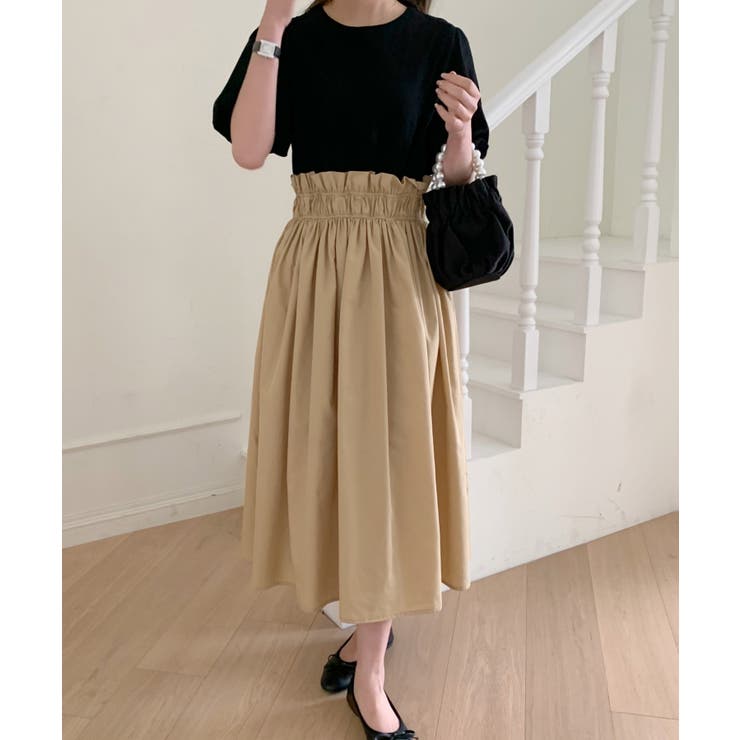 バイカラー異素材切替フレアロングワンピース[品番：ABIW0009442