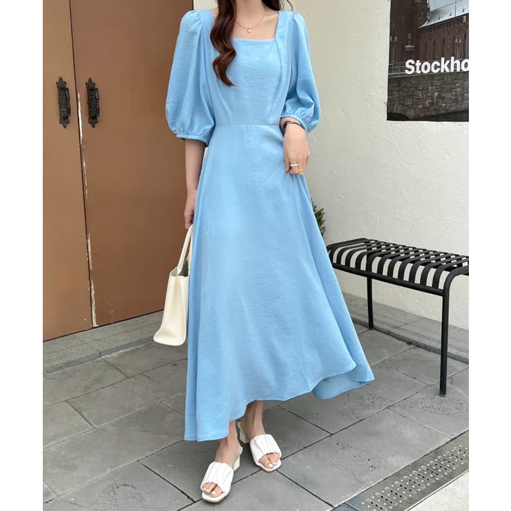 ワンピース ロング シアー感 パフスリーブ スクエアネック パフスリーブスクエアネックロングワンピース[品番：ABIW0010355