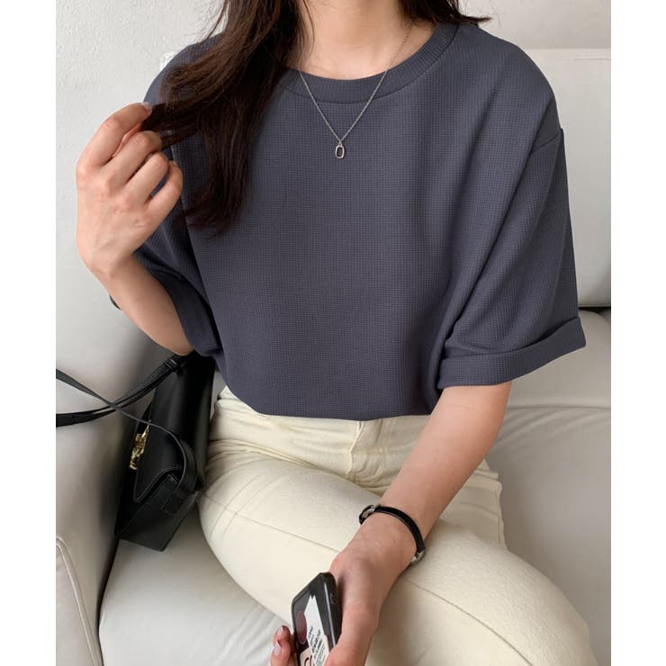五分袖ルーズシルエットワッフルTシャツ[品番:ABIW0010486 五分袖ルーズシルエットワッフルTシャツ[品番:ABIW0010486