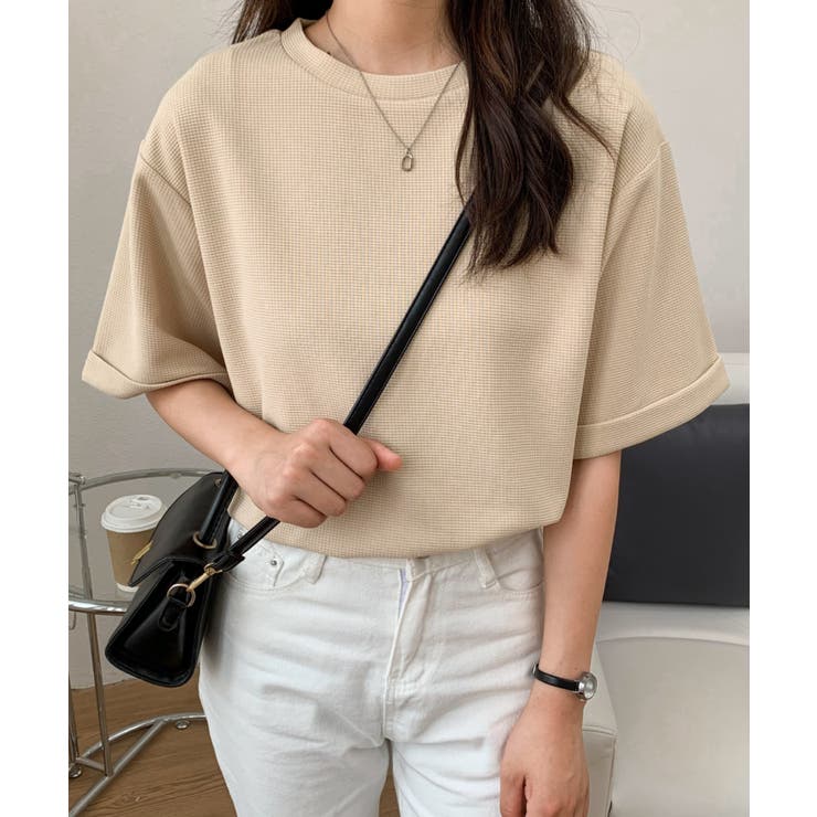 五分袖ルーズシルエットワッフルTシャツ[品番:ABIW0010486 五分袖ルーズシルエットワッフルTシャツ[品番:ABIW0010486