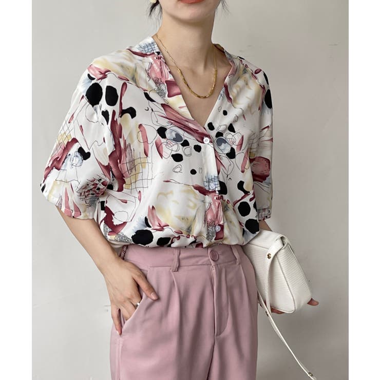 Vネック 線画花柄デザイン5分袖ルーズシャツ[品番：ABIW0009718 